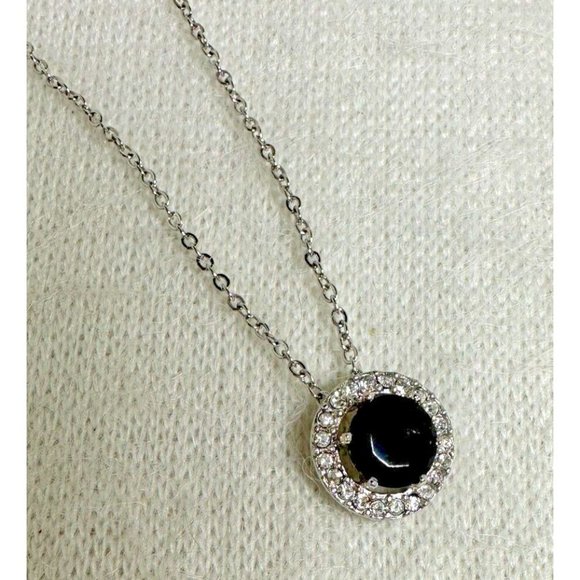 Premier Designs Jewelry - Premier Design Necklace with Black Stone Surrounded by CZs - Silver Tone - 17"
